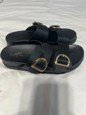 Seychelles Black Double-Buckle Slide Sandals with Gold Buckles thumbnail 6