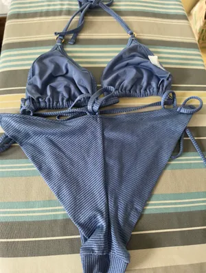 Aerie Blue Ribbed String Bikini Set XL thumbnail 9