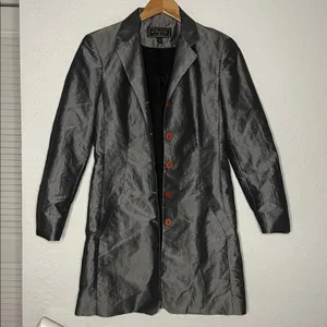 Vintage Express Silver Trench Coat Pockets Nylon Shimmer Y2K Glam Fall Small thumbnail 4