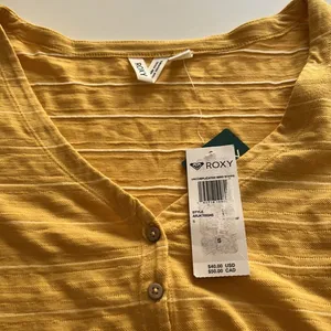 Roxy Uncomplicated Mind Button Front Stripe Tee Ochre Beachy Yarn, Small, NWT thumbnail 4