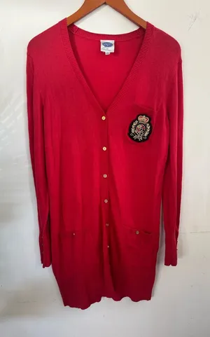 DG2 by Diane Gilman Red Long V-Neck Cardigan with Crest Patch thumbnail 1
