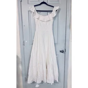 Zara eyelet off shoulder ivory midi cottage women’s dress smocked runs small* thumbnail 13