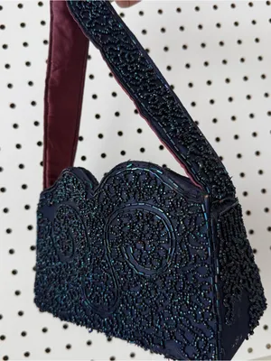 Vintage Iridescent Beaded Navy Blue Evening Cocktail Bag DAMAGED thumbnail 1