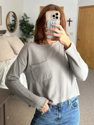Anthropologie Daily Practice Gray Grey Waffle Lightweight Long Sleeve Top XS thumbnail 1