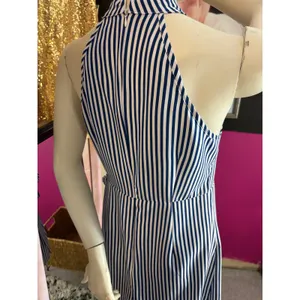 Blue and White Striped Halter Wrap Mini Dress Side Tie High Neck Nautical Summer thumbnail 2