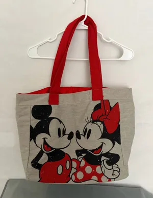 Disney Store Mickey Minnie Mouse Kissing Canvas Tote Bag Red Handles Pocket(F314 thumbnail 1
