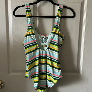 AERIE Women’s Striped One Piece Tie Front‎ One Piece Bathing Suit Sz Large thumbnail 6