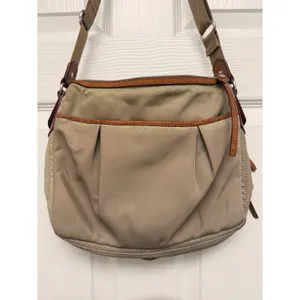 MZ Wallace Nylon Crossbody Bag Khaki Taupe Leather Trim Multi Pocket Utility thumbnail 4