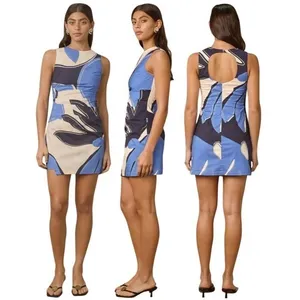 MON RENN Twilight Palms Mini Dress Blue‎ White Abstract Cutout Back Size S NWT thumbnail 2