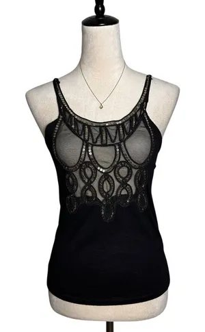 Black Sheer Mesh Embellished‎ Tank Top Boho Festival Goth Y2K Spaghetti Strap thumbnail 1