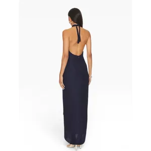 NWT‎ Onia Air Linen Halter Open Back Maxi Dress Deep Navy Medium thumbnail 2
