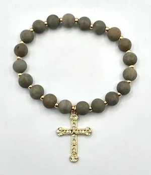 Gray Gold Charm Cross Bead Elastic Fashion Jewelry‎ Bracelet B15 thumbnail 1