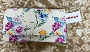 Kohl's White Floral RFID Trifold Wallet with Pink, Purple, Blue and Yellow thumbnail 1