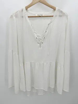 Black Rainn Women White Lace Up Blouse Boho Peasant Flounce Hem‎ Long Sleeve XL thumbnail 1