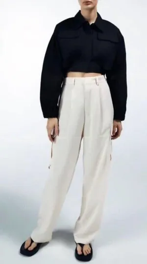 Zara Wide Leg Cargo Pants Small‎ Street Wear Baggy Chic Business Casual Utility thumbnail 1