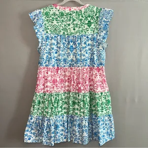 Roller Rabbit Hilla Tiered Block Print Mini Dress Multi-Color Cotton - Size L thumbnail 3