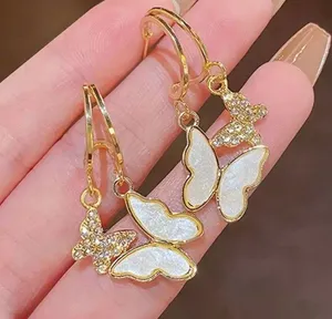 18K Gold Butterfly Pendant Hoop Earrings thumbnail 9