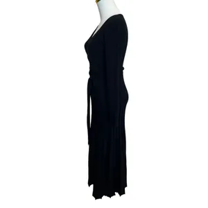 Area Stars Black Knit Midi Wrap Dress XS Pleated Fit Flare Career Designer $175 thumbnail 7
