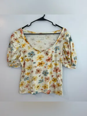 Anthropologie Wide Neck Short Puff Sleeve Pastel Cotton Floral Top Size Medium thumbnail 2