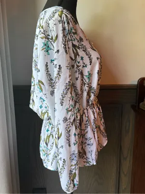 Worthington White Blouse with Teal and Yellow Floral Print thumbnail 5