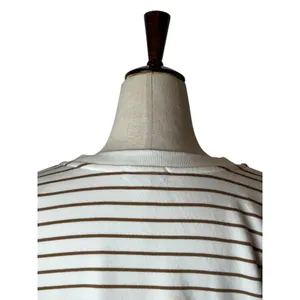 Evereve Striped Sweatshirt Women Medium Ivory Tan‎ Snap Detail Preppy Coastal thumbnail 8