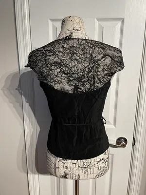 Laundry by Shelli Segal Vintage Satin Lace Retro Tie Whimsygoth sheer belt cap sleeve Cocktail party top blouse Women Sz 6 thumbnail 3