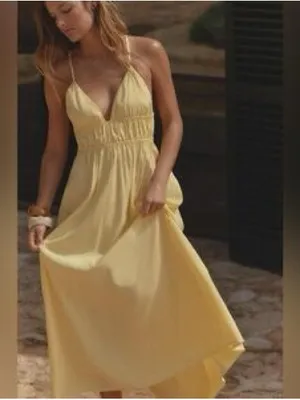 Zara Pastel Yellow Modal Blend Maxi Dress Open Tie Back Smocked Waist Medium thumbnail 8