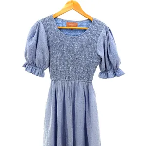 JessaKae Light Blue Smocked Puff‎ Sleeve Floral Swiss Dot Midi Dress Small thumbnail 2