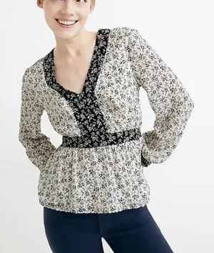 Madewell Floral Clipdot Peplum Top Womens Medium White Black V-Neck Long Sleeve thumbnail 1