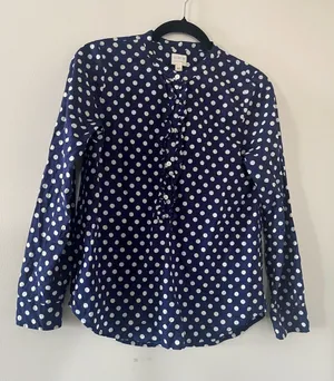 J Crew Navy Blue Polka Dot Ruffle Button Up Top XS 100% Cotton Office Preppy thumbnail 1