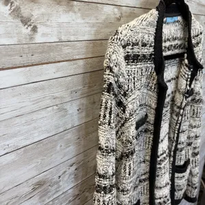 J McLaughlin Womens S Cardigan Open Sweater Tweed Knit Black & White Pockets thumbnail 3