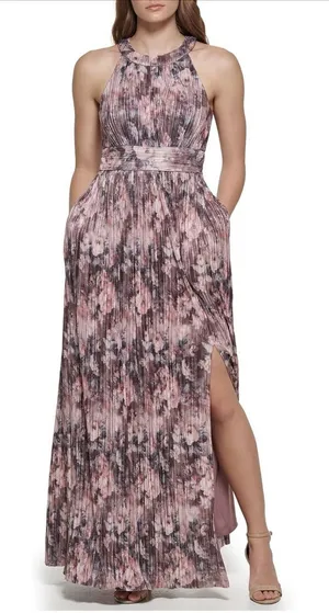 Eliza J‎ Women's 14 Gown Plum Metallic Sleeveless Halter Neck Pleated Dress NEW thumbnail 1
