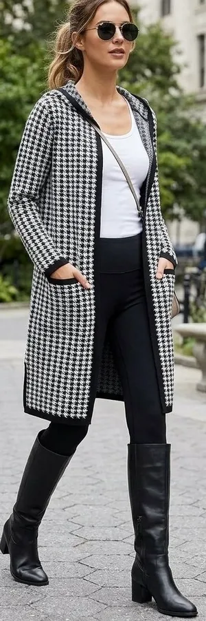 Golden Lillie Women's Long Hooded Cardigan Sweater Houndstooth Jacket M thumbnail 4