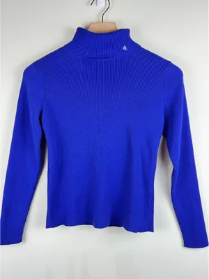 Lauren Ralph Lauren Cobalt Blue Ribbed Cotton Turtleneck Sweater RL Logo XS/S thumbnail 1