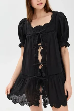 Sea New York Women’s Mae Short Sleeve Coverup Tie Front Black Cotton Mini Dress thumbnail 1