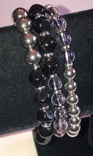 Stretch Beaded Bracelet Set - Black & Silver Tones thumbnail 1