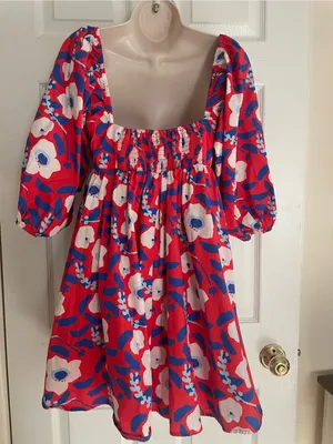 Anthropologie Hutch Bold Red and Blue Puffy Sleeve Mini‎ Dress thumbnail 3