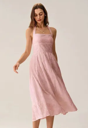 Rihoas Pink Embroidery Halter Midi Dress thumbnail 1