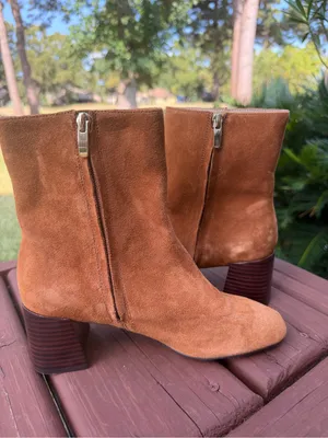 Ann Taylor Brown Suede Square Toe Sculptural Heel Boots Size 6.5 thumbnail 7
