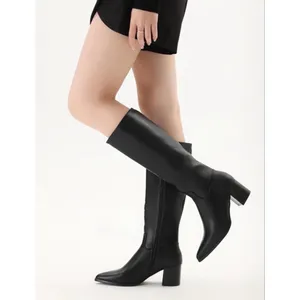 NEW Vegan Leather pointed Toe Mid Chunky heel zipper Knee High Boots 8 thumbnail 5