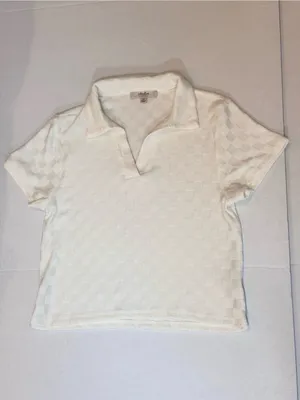 Ivory Checkerboard Knit Polo Top M Textured Johnny Collar Preppy Cropped Tennis thumbnail 6
