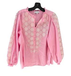 Gibson Latimer Pink‎ Cotton Eyelet Embroidered Balloon Sleeve Blouse Womens M thumbnail 1