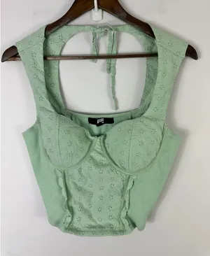 Madden NYC Babydoll Corset Top Large‎ Cropped Green Embroidered Coquette Fairy thumbnail 1