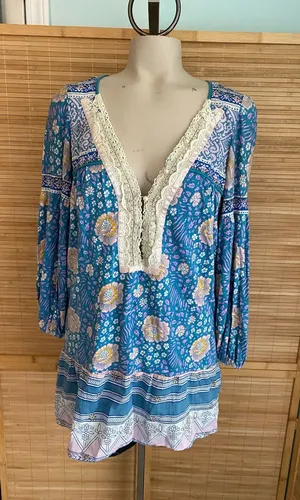 Free People boho Blue Purple Floral Tunic Lace trim Boho Cute 3/4 sleeve medium thumbnail 1