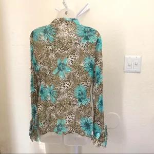Rare Y2K Belissimo Leopard patchwork fitted shirt top blouse turquoise floral button ruffles boho hippie indie office siren core long sleeve-M thumbnail 3