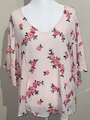Miss Me Womens Size M NWT Pink Embroidered Rose Blouse Flutter Sleeve V-Neck Top thumbnail 2