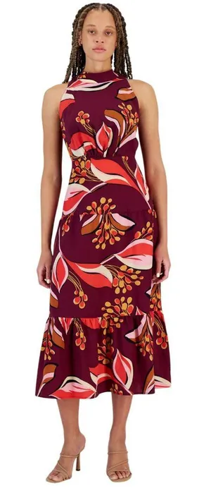 NWT Sam Edelman Women's Hoyal Large Floral High-Neck Dress Wine Multi Red 4 thumbnail 1