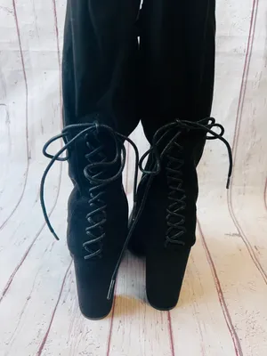 Ivona Stretch Over The Knee Boots Black Faux Suede Tie Detail 4” Heel thumbnail 7