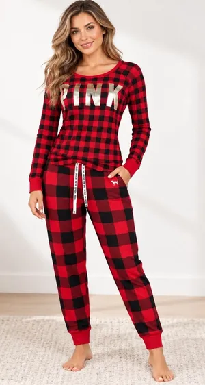 PINK Victoria's Secret Sleep Set Waffle Knit Women M Red Black Buffalo Plaid thumbnail 1