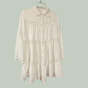 Boho White Tiered Button‎ Down Tunic Crochet Lace Bell Sleeve Top thumbnail 2